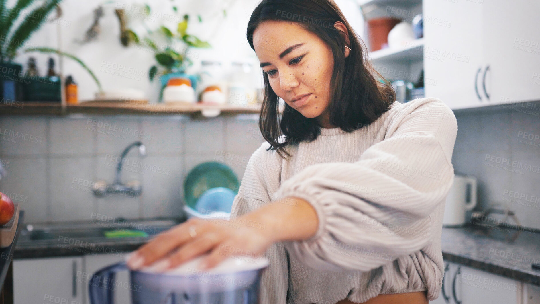 Buy stock photo Breakfast, smoothie and woman with blender, kitchen and detox with gut health benefits and beverage. Diet, nutrition and person with equipment for drink preparation, wellness and protein in home