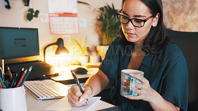 Buy stock photo Remote work, coffee and woman with notebook in home office for meeting calendar, agenda and notes. Freelancer, PA or beverage with planner at night for administration deadline and schedule management