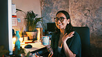 Business, night and woman with computer, video call and media agency with virtual meeting. Evening, person and employee in office, smile and online communication with feedback, greeting and chatting