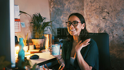 Buy stock photo Business, night and woman with computer, video call and media agency with virtual meeting. Evening, person and employee in office, smile and online communication with feedback, greeting and chatting