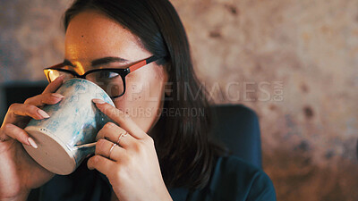 Buy stock photo Morning, drinking and woman in home office with coffee, thinking and remote work with warm beverage. Reflection, WFH and female person in house with mug, sipping and enjoy tea in start of day.
