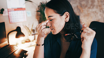 Buy stock photo Business, night and woman with headache, eye strain and tired with fatigue, burnout and pain. Late, person and employee in office, blue light exposure and exhausted with tension, glasses and ache