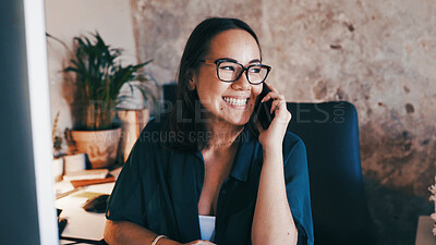 Buy stock photo Smile, remote work and woman on a phone call in home for virtual assistance, admin planner and contact. Freelancer, happy and person on smartphone for talking, online consulting and conversation