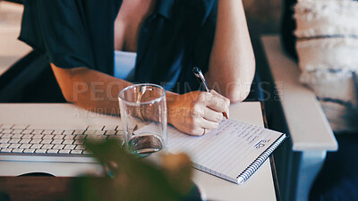 Buy stock photo Hands, woman and writing in notebook in home office for meeting reminder, remote work and to do list. Freelancer, personal assistant and notepad at desk for agenda, appointment schedule and planning