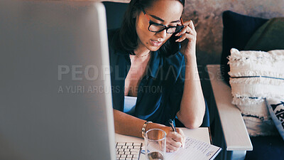 Buy stock photo Phone call, remote work and woman writing notes for virtual assistance, admin planner and contact. Freelancer, above and person on smartphone for talking, online consulting and reminder for client