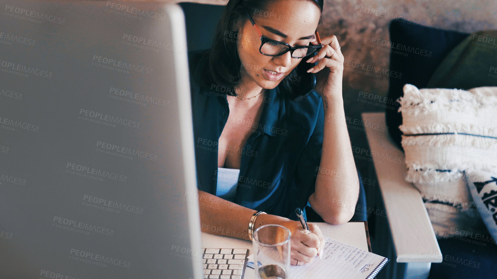 Buy stock photo Phone call, remote work and woman writing notes for virtual assistance, admin planner and contact. Freelancer, above and person on smartphone for talking, online consulting and reminder for client