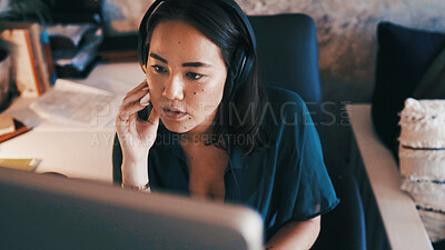 Buy stock photo Remote work, headphones and woman on computer reading for copywriting, article review and editing. Home, freelancer and person with music, audio and sound for research, website content or report