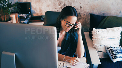 Buy stock photo Phone call, remote work and woman with notes in home for virtual assistance, admin planner and contact. Freelancer, above and person on smartphone for talking, online consulting and writing reminder