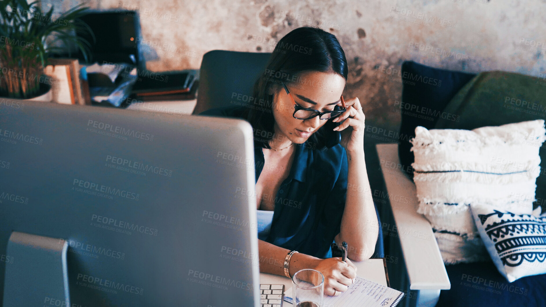 Buy stock photo Phone call, remote work and woman with notes in home for virtual assistance, admin planner and contact. Freelancer, above and person on smartphone for talking, online consulting and writing reminder