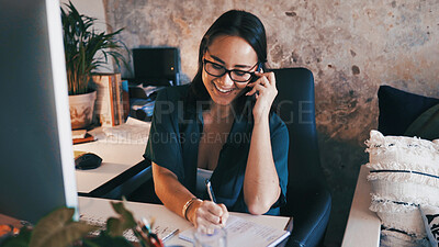 Buy stock photo Phone call, remote work and happy woman with notes for virtual assistance, admin planner and contact. Freelancer, home and person on smartphone for talking, online consulting and writing reminder