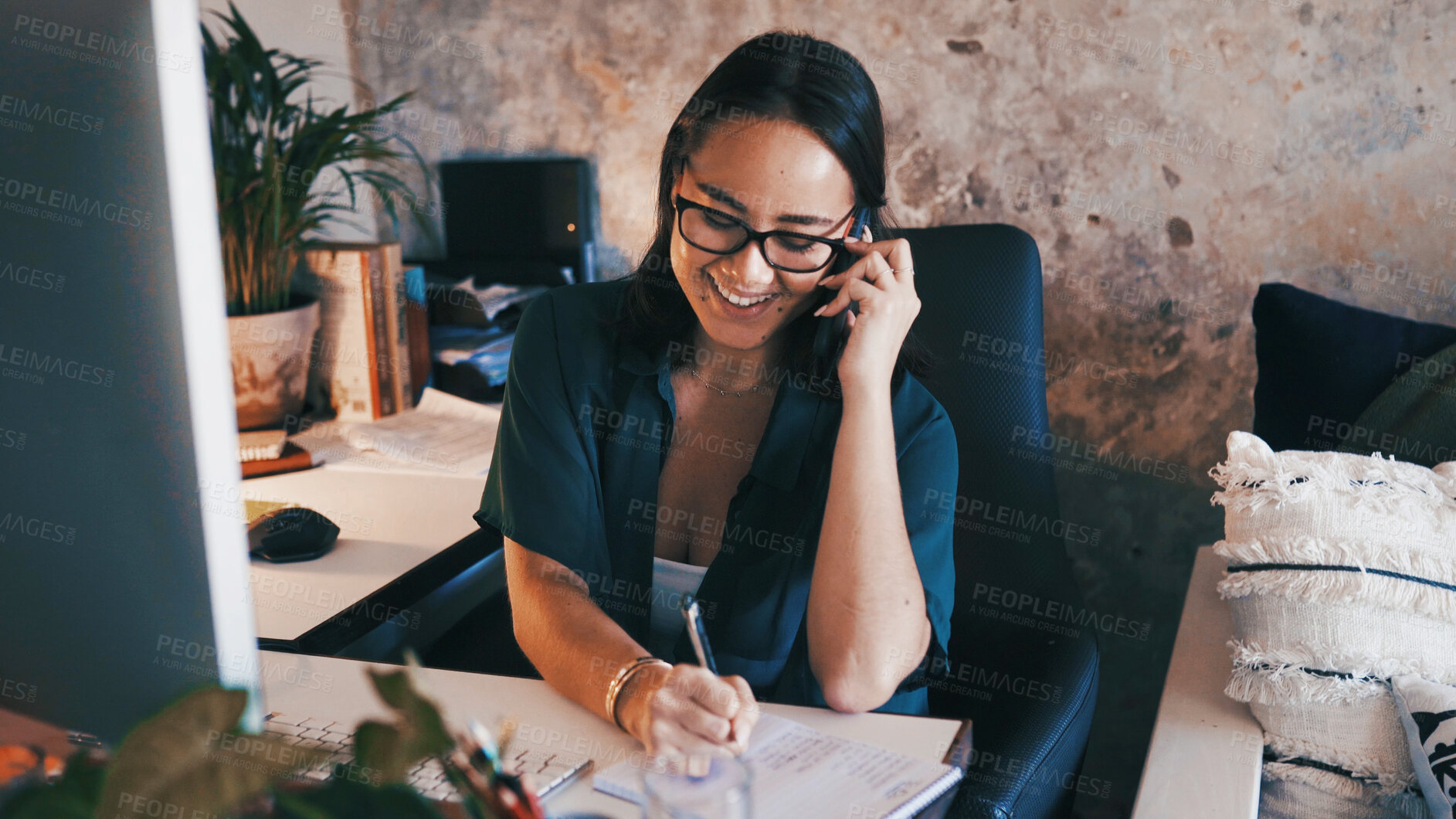 Buy stock photo Phone call, remote work and happy woman with notes for virtual assistance, admin planner and contact. Freelancer, home and person on smartphone for talking, online consulting and writing reminder
