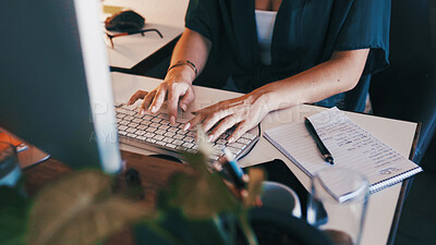 Buy stock photo Hands, typing and woman in home office with computer, to do list and research for remote work. Schedule, planning and freelance person at keyboard writing checklist, email or online report with notes