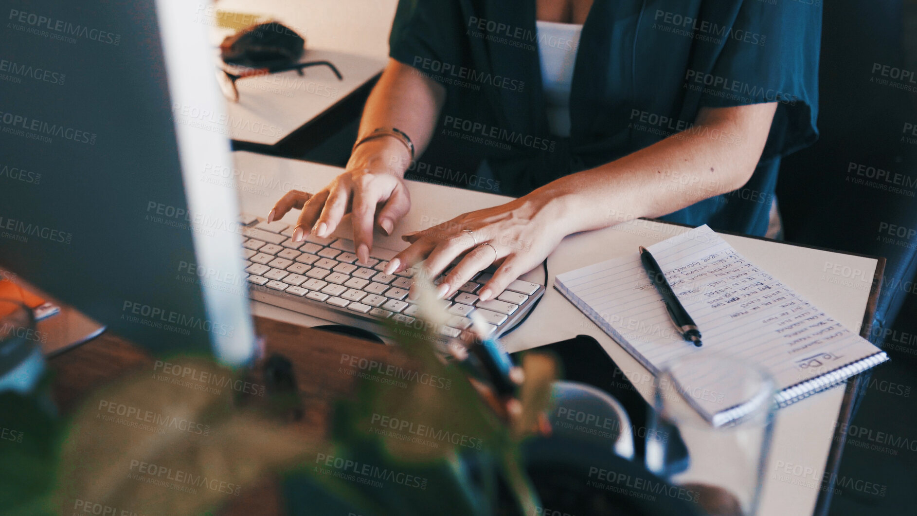 Buy stock photo Hands, typing and woman in home office with computer, to do list and research for remote work. Schedule, planning and freelance person at keyboard writing checklist, email or online report with notes