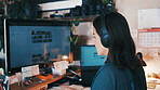 Photographer, headphones and woman on computer for remote work, shoot review and editing. Creative, freelancer and person on pc listen to music, audio and radio for production, retouch or selection