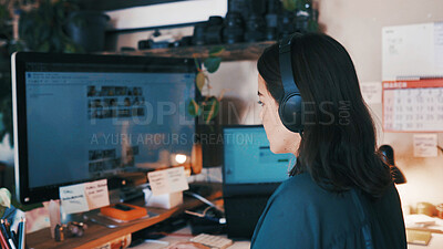 Buy stock photo Photographer, headphones and woman on computer for remote work, shoot review and editing. Creative, freelancer and person on pc listen to music, audio and radio for production, retouch or selection