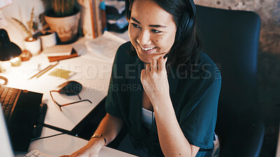 Buy stock photo Customer support, headset and remote work with business woman in home office for assistance at night. Computer, contact and help with Asian freelancer in dark apartment for communication or feedback