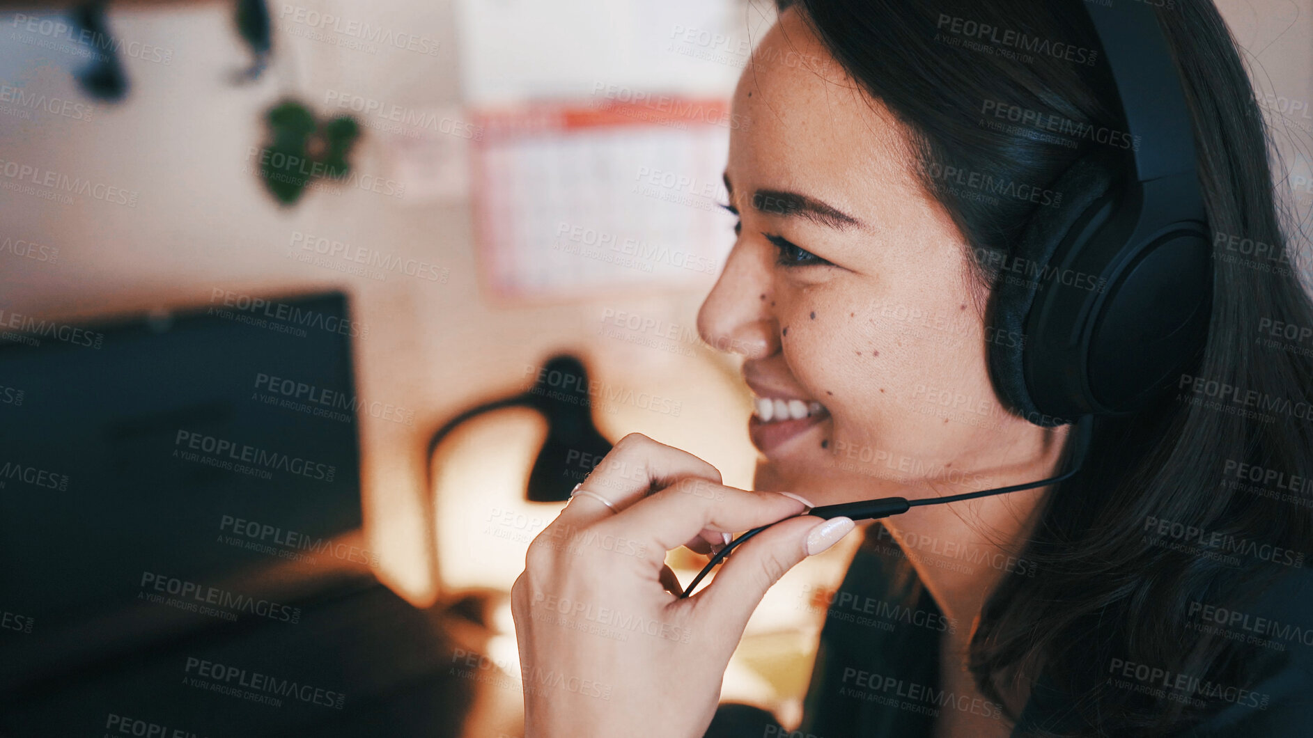 Buy stock photo Contact, headset and remote work with business woman in home office for assistance at night. Computer, customer support and help with Asian freelancer in dark apartment for communication or feedback