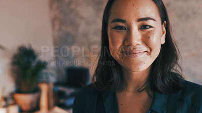 Buy stock photo Portrait, night and woman in home office with smile for remote work, career development and journalism. Late, confident and happy person in house with pride, job opportunity and freelance employment.