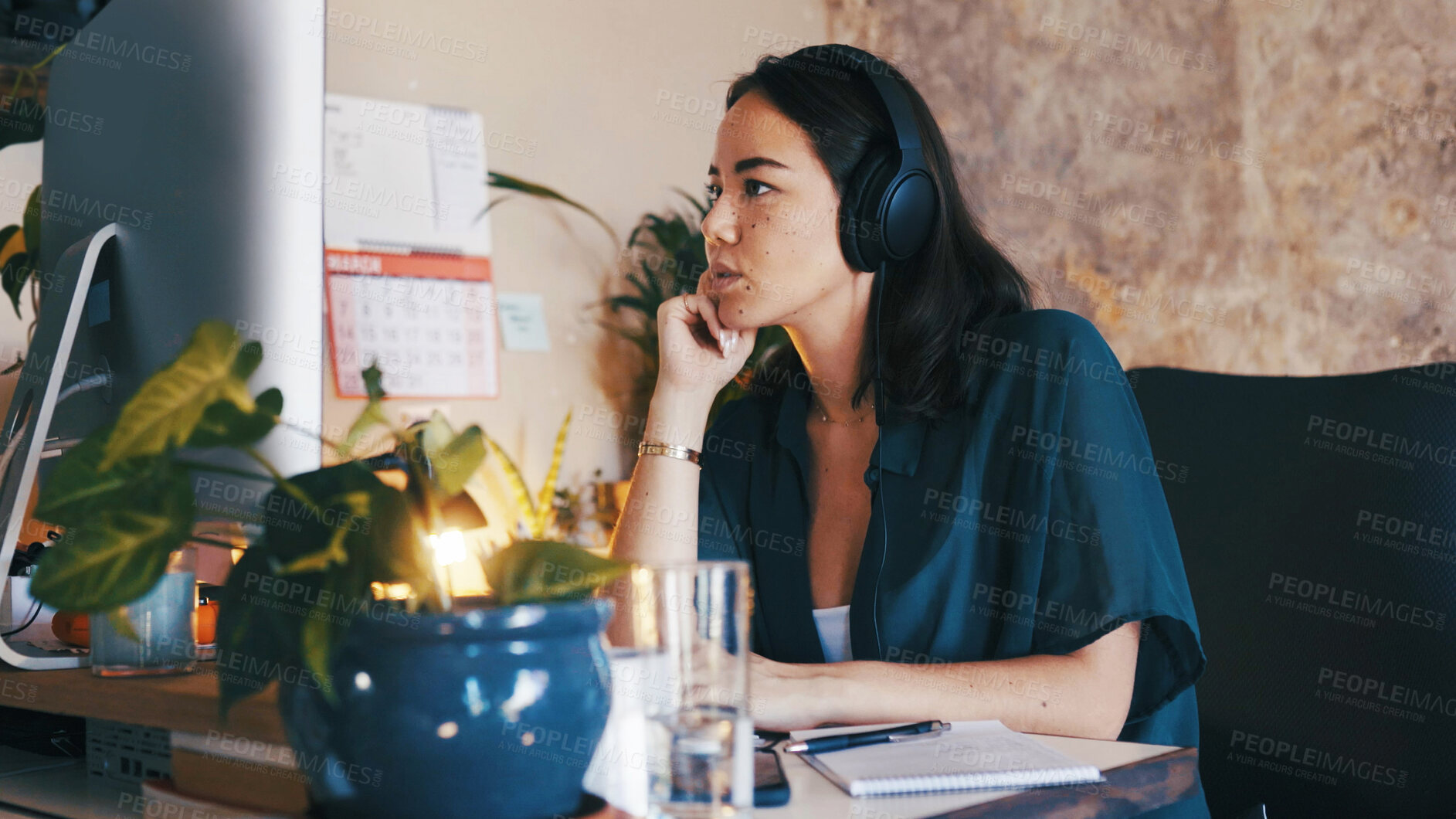 Buy stock photo Remote work, headphones or woman with computer in home office, planning or thinking for creative project. Research, news article and journalist contemplating ideas for publication, tech or freelancer