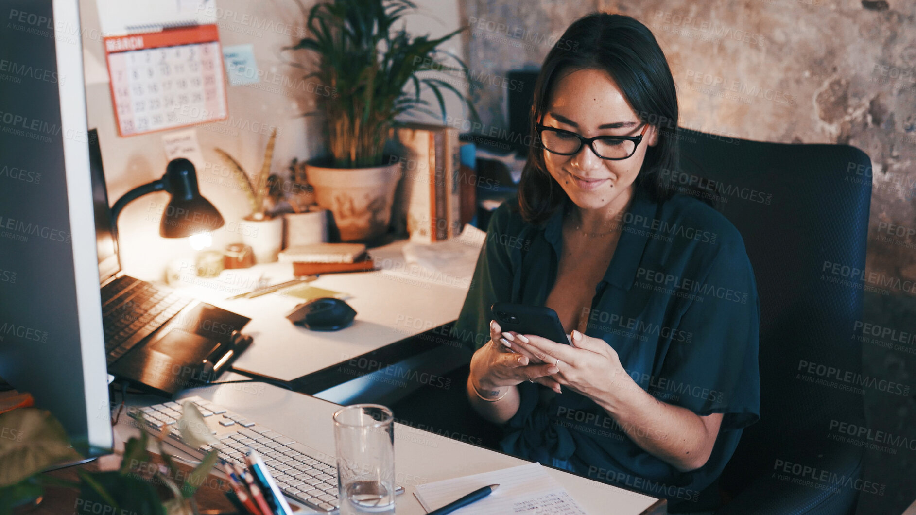 Buy stock photo Media agency, night and woman with smartphone, typing and copywriting with connection. Evening, person and employee in office, cellphone and internet with online reading, communication and email
