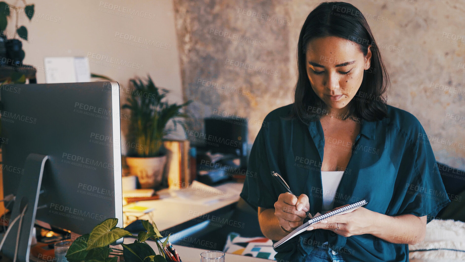 Buy stock photo Remote work, woman and writing in notebook in home office for appointment, schedule or reminder. Freelancer, personal assistant and planning with notepad in apartment for admin tasks and to do list