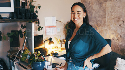 Buy stock photo Happy, freelancer and portrait of woman in home office for confidence, hybrid work and startup. Small business, smile and remote worker with person in house for professional, pride and entrepreneur