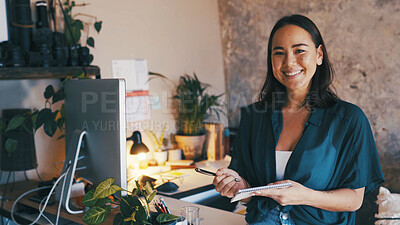 Buy stock photo Remote work, woman and happy with notebook in home office for meeting schedule, agenda or reminder. Freelancer, personal assistant or portrait with notepad in apartment for admin tasks and to do list