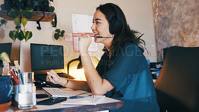 Buy stock photo Headset, help and remote work with business woman in home office for assistance at night. Computer, contact and customer support with Asian freelancer in dark apartment for communication or feedback