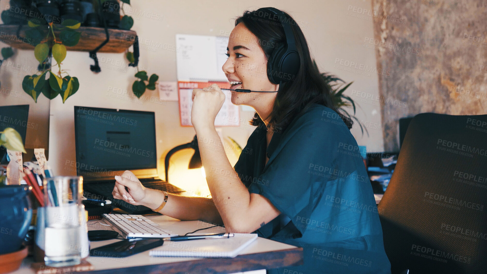 Buy stock photo Headset, help and remote work with business woman in home office for assistance at night. Computer, contact and customer support with Asian freelancer in dark apartment for communication or feedback