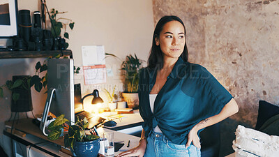 Buy stock photo Remote work, thinking or woman with computer in home office, freelancer or plan for creative project. Storytelling, magazine article or writer contemplating ideas for publication, tech or inspiration