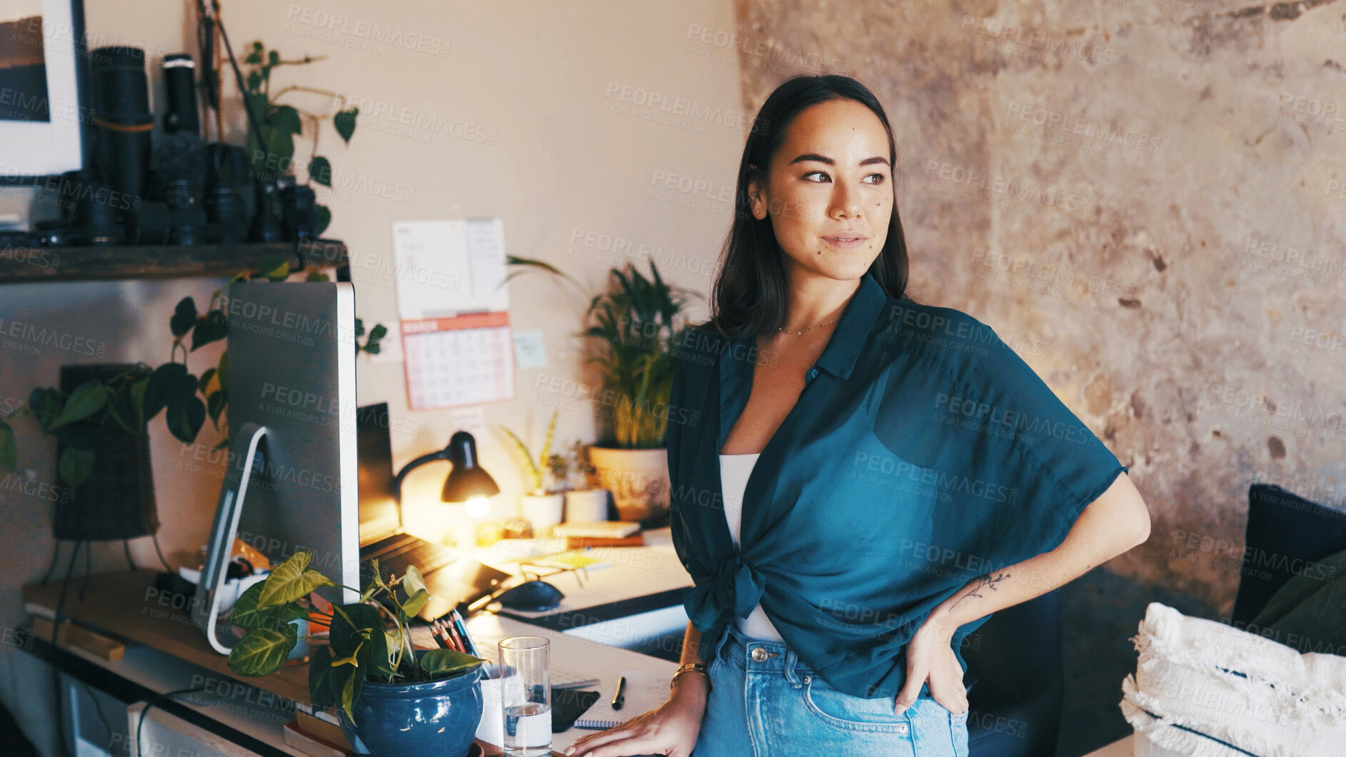 Buy stock photo Remote work, thinking or woman with computer in home office, freelancer or plan for creative project. Storytelling, magazine article or writer contemplating ideas for publication, tech or inspiration