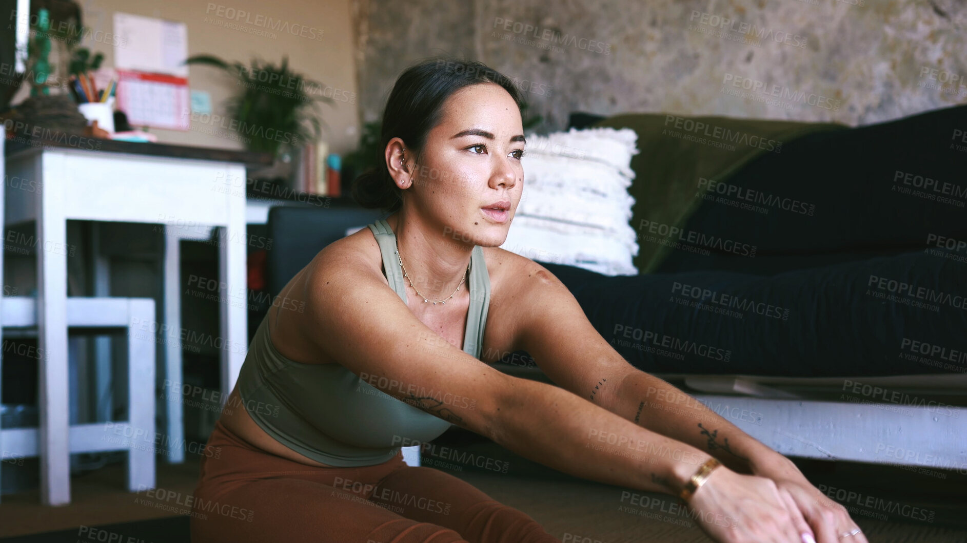 Buy stock photo Yoga, home and stretching with woman, breathing and wellness with routine, calm and fitness. Apartment, healthy and person on floor, morning and balance with warm up, pilates and stress relief