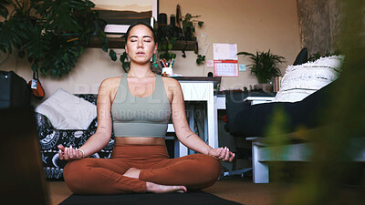 Buy stock photo Woman, meditation and zen with yoga mat in home for spiritual wellness or healing on floor. Female person, yogi or calm with lotus pose, chakra or mudra for inner peace, balance or mindfulness