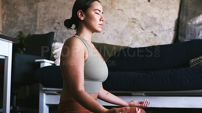 Buy stock photo Calm woman, meditation and breathing with zen in home for spiritual wellness or healing on floor. Female person, yogi or relax with lotus pose, chakra or mudra for inner peace, balance or mindfulness