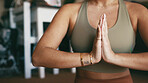 Woman, hands or zen with namaste for meditation, inner peace or spiritual healing in home. Closeup, female person or yogi with chakra, mudra or mantra for awareness, health and wellness in house