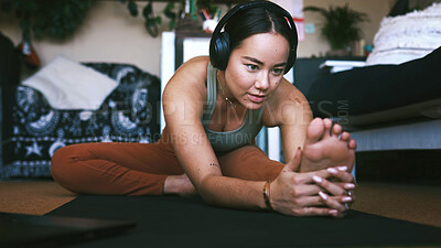 Buy stock photo Laptop, headphones and girl with stretching in home for yoga routine, online class and fitness. Yogi, woman and listening to virtual lesson on mat for muscle preparation, warm up and start exercise