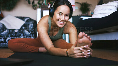 Buy stock photo Laptop, headphones and woman with stretching in home for yoga routine, online class and fitness. Happy yogi, portrait and virtual lesson with warm up on mat for muscle preparation and start exercise