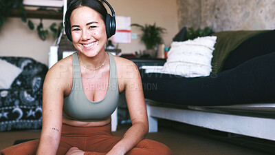 Buy stock photo Meditation, yoga and woman with smile, portrait and relax with fitness, home and wellness. Apartment, exercise and happy person on floor, sound and headphones with confidence, chakra and health