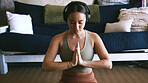 Home, meditation and woman with headphones, calm or routine for mindfulness, yoga and self awareness. Streaming, music and inner peace on floor, zen and person with tech and wellness in apartment