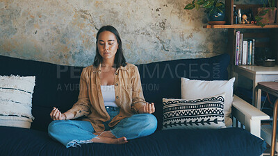 Buy stock photo Meditation, calm and woman on sofa in home for mindfulness, spiritual wellness and zen energy. House, morning ritual and person with relax, me time and peace for healing, balance and chakra on couch