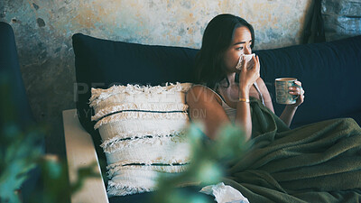 Buy stock photo Home, illness and woman on sofa, coffee and tissue with stress, fatigue and disease. Healing, resting and person on couch, blanket and sick with flu virus, herbal tea and ginger treatment in lounge