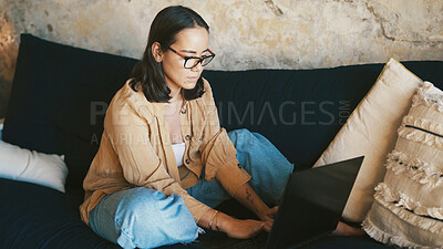 Buy stock photo Creative, woman and typing with laptop, lounge and reporter with article on website and remote work. Online, news and person with tech for freelance project, journalism and planning for story in home