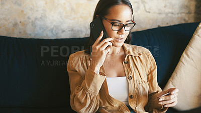 Buy stock photo Phone call, credit card and customer or woman on sofa for ecommerce, fintech and digital payment. Online banking, password verification and contact with person in living room of home for order