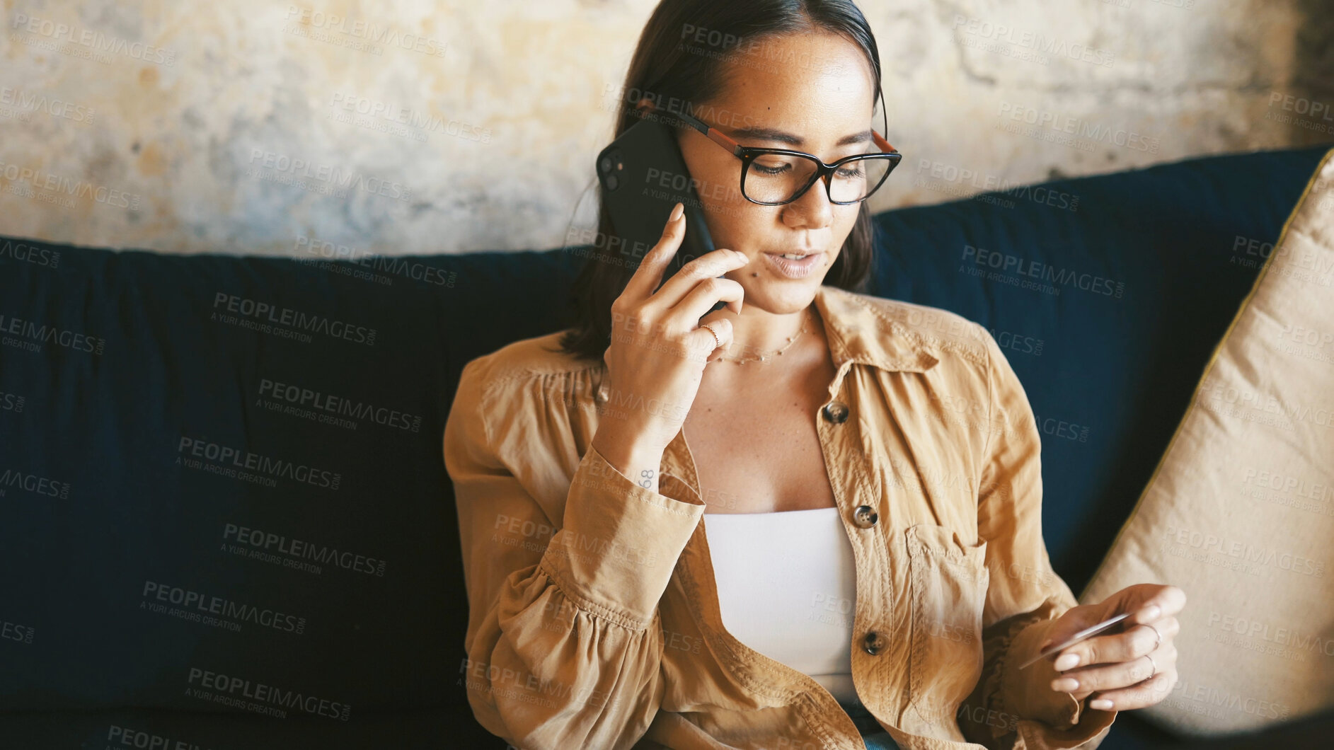 Buy stock photo Phone call, credit card and customer or woman on sofa for ecommerce, fintech and digital payment. Online banking, password verification and contact with person in living room of home for order