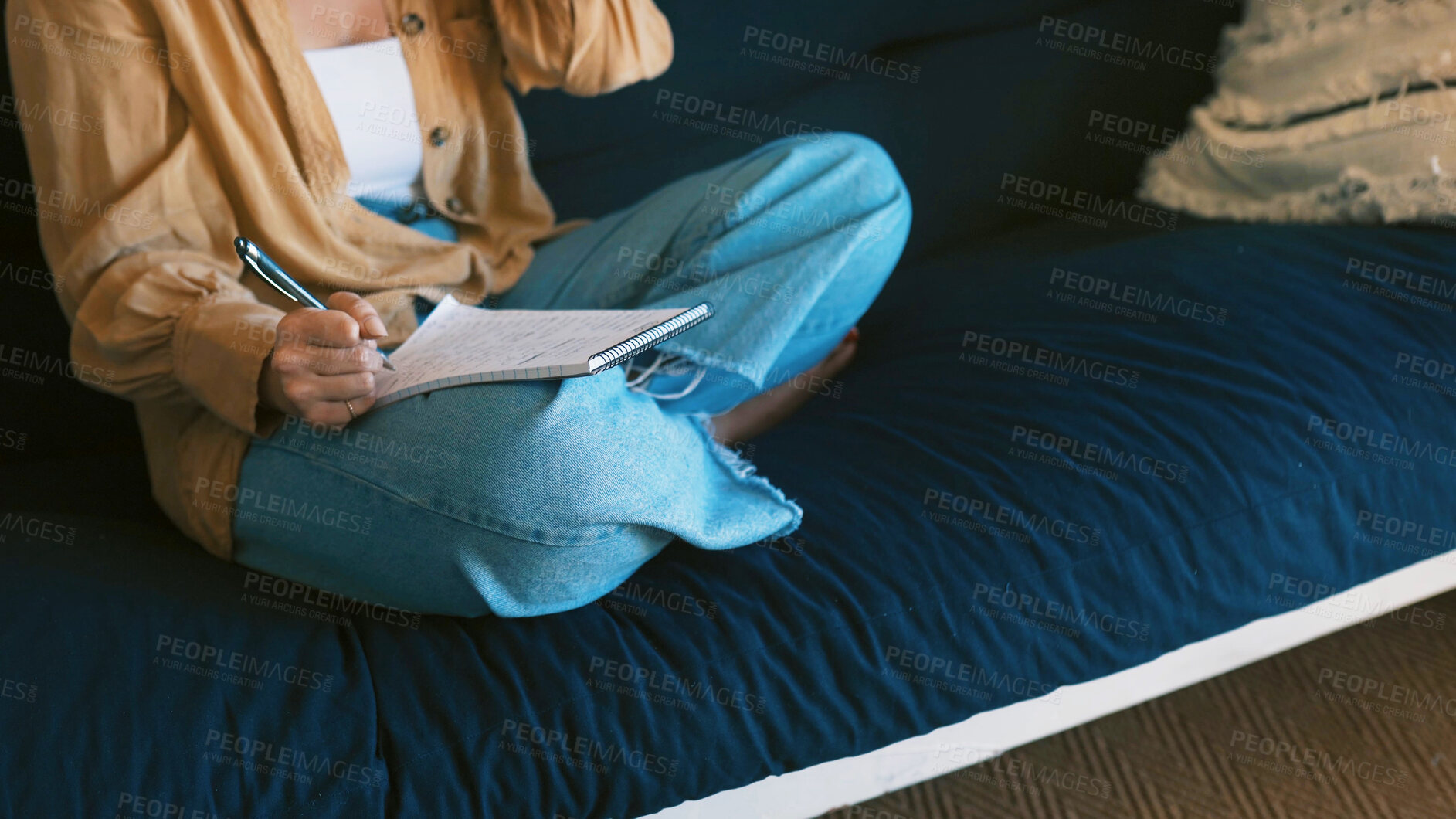 Buy stock photo Writing, notes and hands in lounge, creative and planning for novel on couch, inspiration and ideas. Home, writer and person with notebook for brainstorming, relax and artist with project on sofa