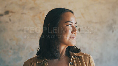 Buy stock photo Home, thinking and happy woman in morning for reflection, thoughtful and wondering for peace. House, space and person with smile, relax and confident for daydreaming, nostalgia and calm on weekend