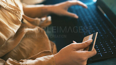 Buy stock photo Credit card, hands and woman with laptop in home for online shopping, internet banking and deal. Typing, apartment and person with debit info on computer for digital purchase, payment and ecommerce