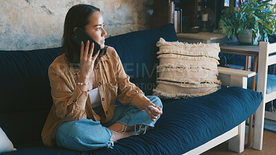 Buy stock photo Home, phone call and woman on sofa, pregnancy test and announcement with positive results. Pregnant, smartphone and person on couch, maternity or talking with prenatal stick, chatting and ivf success