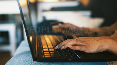 Buy stock photo Laptop, hands and credit card with woman on sofa of house for online shopping, typing and discount promotions. Fintech. banking app and digital payment with person in living room for home for budget