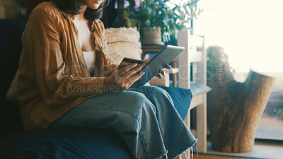 Buy stock photo Credit card, hands or woman with tablet on sofa for online shopping, internet banking or website deal. Home, person or debit information on app for digital purchase, discount transaction or ecommerce